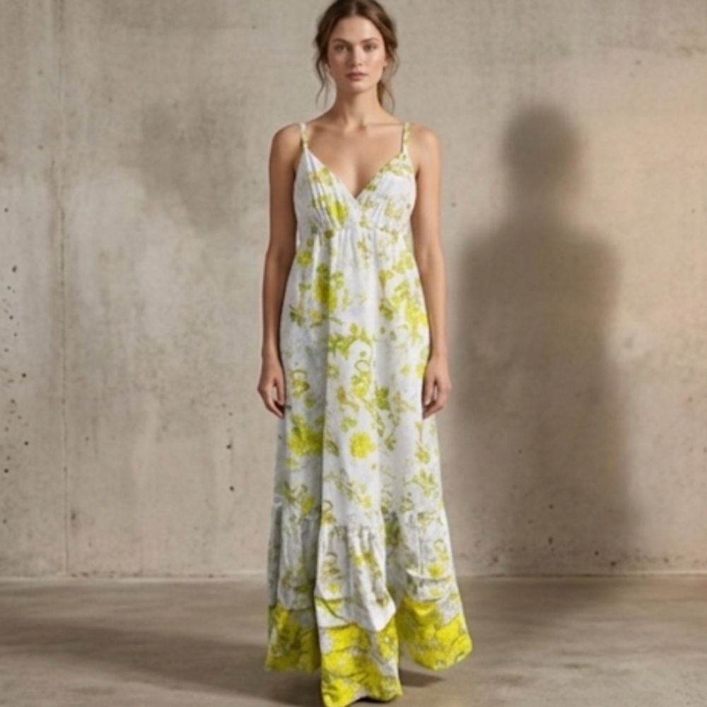 Anthropologie Yellow and White Watercolor Floral Maxi Dress Size 6